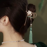 Hair Accessories (159) Five Petals Floral Flowers Hair Claw Hairclip with Green Tassel