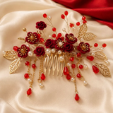 Hair Accessories (169) Chinese Wedding Bridal Red & Gold Colour Blossom Floral Large Hair Comb