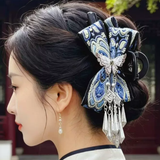 Hair Accessories (171) Large Hair Clip Silver Butterfly Blue Tone Embroidery Ethic Hair Claw Hairclip with Tassel