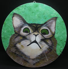 Funny Surprised Cat Original Acrylic Painting on 20cm Round Canvas Panel