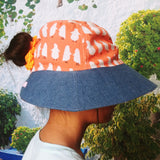 Wide Brim Summer Sunhat (Orange Penguin Print) Cotton Linen + Denim Handmade Hat 手造帽子太陽帽/遮陽帽/防曬帽 (橙色企鵝圖案)