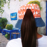 Wide Brim Summer Sunhat (Orange Penguin Print) Cotton Linen + Denim Handmade Hat 手造帽子太陽帽/遮陽帽/防曬帽 (橙色企鵝圖案)