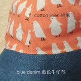 Wide Brim Summer Sunhat (Orange Penguin Print) Cotton Linen + Denim Handmade Hat 手造帽子太陽帽/遮陽帽/防曬帽 (橙色企鵝圖案)