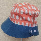 Wide Brim Summer Sunhat (Orange Penguin Print) Cotton Linen + Denim Handmade Hat 手造帽子太陽帽/遮陽帽/防曬帽 (橙色企鵝圖案)