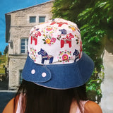 Summer Visor Sun Hat (Floral Horses Print) Cotton Linen + Denim Handmade Hat 棉麻牛仔布太陽帽/遮陽帽/防曬帽 (彩馬圖案)