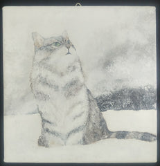 Fluffy Cat in snow Original Acrylic Painting on square canvas panel