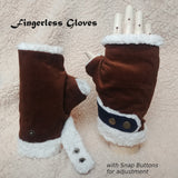 Adjustable Snap Buttons Autumn/Fall Winter Fingerless Hand Warmers (Dark Brown Corduroy + Faux Sherpa) 啪鈕可調較鬆緊, 秋冬露指手套 (深啡色燈芯絨+羊羔絨)