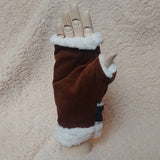 Adjustable Snap Buttons Autumn/Fall Winter Fingerless Hand Warmers (Dark Brown Corduroy + Faux Sherpa) 啪鈕可調較鬆緊, 秋冬露指手套 (深啡色燈芯絨+羊羔絨)