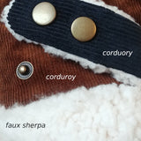 Adjustable Snap Buttons Autumn/Fall Winter Fingerless Hand Warmers (Dark Brown Corduroy + Faux Sherpa) 啪鈕可調較鬆緊, 秋冬露指手套 (深啡色燈芯絨+羊羔絨)