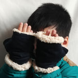 Winter Fingerless Gloves (Navy Blue Corduroy + Faux Sherpa) 冬季露指手套 (深藍色燈芯絨+羊羔絨)