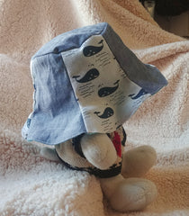 Cute Handmade Bucket Hat, Sun Hat (Cotton Linen Blue Whale Print + Lightweight Denim + Cotton Lining)