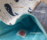 Cute Handmade Bucket Hat, Sun Hat (Cotton Linen Blue Whale Print + Lightweight Denim + Cotton Lining)
