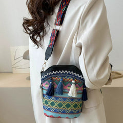 (206) Tribal Ethic Adjustable Strap Bucket Bag with Tassel & Zipper (7 Colours)