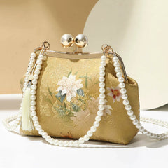 (210) Yellow Chinese Style Clutch Bag Detachable Faux Pearl Chain Strap