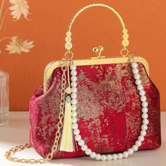 (212) Red Chinese Style Metallic Thread Clutch Bag Detachable Chain Strap (2 Colours)