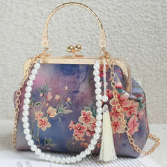 (213) Purple Chinese Style Floral Flower Clutch Bag Detachable Chain Strap