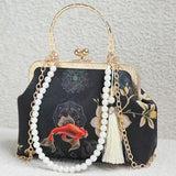 (214) Black Background Red Goldfish Chinese Style Evening Bag Detachable Chain Strap
