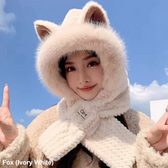 (290) Plush Fluffy 2 in 1 Hooded Scarf Neck Warmer with Cute Fox Ears (2 Colours)