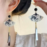 Accessories (32) Hook Earrings Tassel Ink Washing Painting Bamboo Chinese Fan