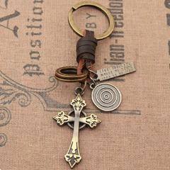 Accessories (81) Keychain Brown Leather Bronze Metal Cross