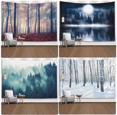 Decorative Fabric Tapestry Snowy Trees Full Moon (4 Styles) Hanging Wall Art