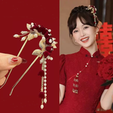 Hair Accessories (166) Chinese Wedding Bridal Red & Gold Colour Blossom Floral Hair Pin
