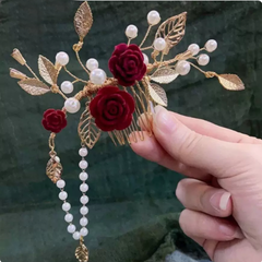 Hair Accessories (168) Chinese Wedding Bridal Red & Gold Colour Blossom Floral Small Hair Comb (Copy)