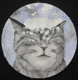 Cute Striped Cat in Snow Original Acrylic Painting on 20cm Round Canvas Panel