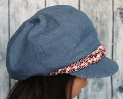 Spring, Summer, Autumn Fall Gatsby Cap / Newsboy Hat for Girls and Women (Blue Denim + Tweed Trim Ribbon) 春夏秋季報童帽 (藍色牛仔布+小香風織帶)