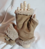 Autumn/Fall Winter Fingerless Gloves (Mud Yellow/Light Brown Corduroy + Faux Sherpa) 冬季露指手套 (淺啡色/泥黃色燈芯絨+羊羔絨)