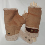 Adjustable Snap Buttons Autumn/Fall Winter Fingerless Hand Warmers (Mud Yellow/Light Brown Corduroy + Faux Sherpa) 啪鈕可調較鬆緊, 秋冬露指手套 (泥黃色/淺啡色燈芯絨+羊羔絨)