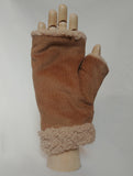 Adjustable Snap Buttons Autumn/Fall Winter Fingerless Hand Warmers (Mud Yellow/Light Brown Corduroy + Faux Sherpa) 啪鈕可調較鬆緊, 秋冬露指手套 (泥黃色/淺啡色燈芯絨+羊羔絨)