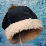 Navy Blue Corduroy + Faux Sherpa Winter Beanie with Removable Faux Fur Pom-Pom 秋冬保暖可拆毛毛球帽子 (深藍色燈芯絨+羊羔絨)