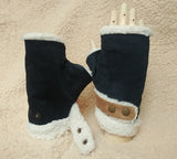 Adjustable Snap Buttons Autumn/Fall Winter Fingerless Hand Warmers (Navy Blue Corduroy + Faux Sherpa) 啪鈕可調較鬆緊, 秋冬露指手套 (深藍色燈芯絨+羊羔絨)