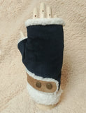 Adjustable Snap Buttons Autumn/Fall Winter Fingerless Hand Warmers (Navy Blue Corduroy + Faux Sherpa) 啪鈕可調較鬆緊, 秋冬露指手套 (深藍色燈芯絨+羊羔絨)