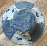 Cute Handmade Bucket Hat, Sun Hat (Cotton Linen Blue Whale Print + Lightweight Denim + Cotton Lining)