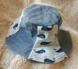 Cute Handmade Bucket Hat, Sun Hat (Cotton Linen Blue Whale Print + Lightweight Denim + Cotton Lining)