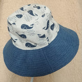 Reversible and Adjustable Fisherman Hat (Blue Whales) Bucket Hat for Toddler Little Boys Girls. 自製可調節鬆緊雙面漁夫帽 (藍鯨/鯨魚圖案)