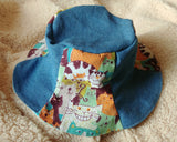 Cute Handmade Bucket Hat, Sun Hat for Toddler Little Boy (Cotton Linen Happy Cats + Lightweight Denim + Cotton Lining)