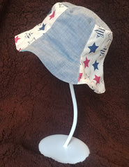 Handmade Bucket Hat, Sunhat (Cotton Linen Stars Print + Lightweight Denim + Cotton Lining) various sizes avaliable