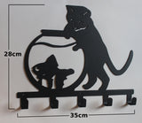 Stylish Metal Art Decor Wall Mounted Clothes Hook Hanger (Cat & Goldfish)