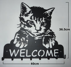 Stylish Metal Art Decor Wall Mounted Welcome Sign with Key Hook Hanger (Cat)